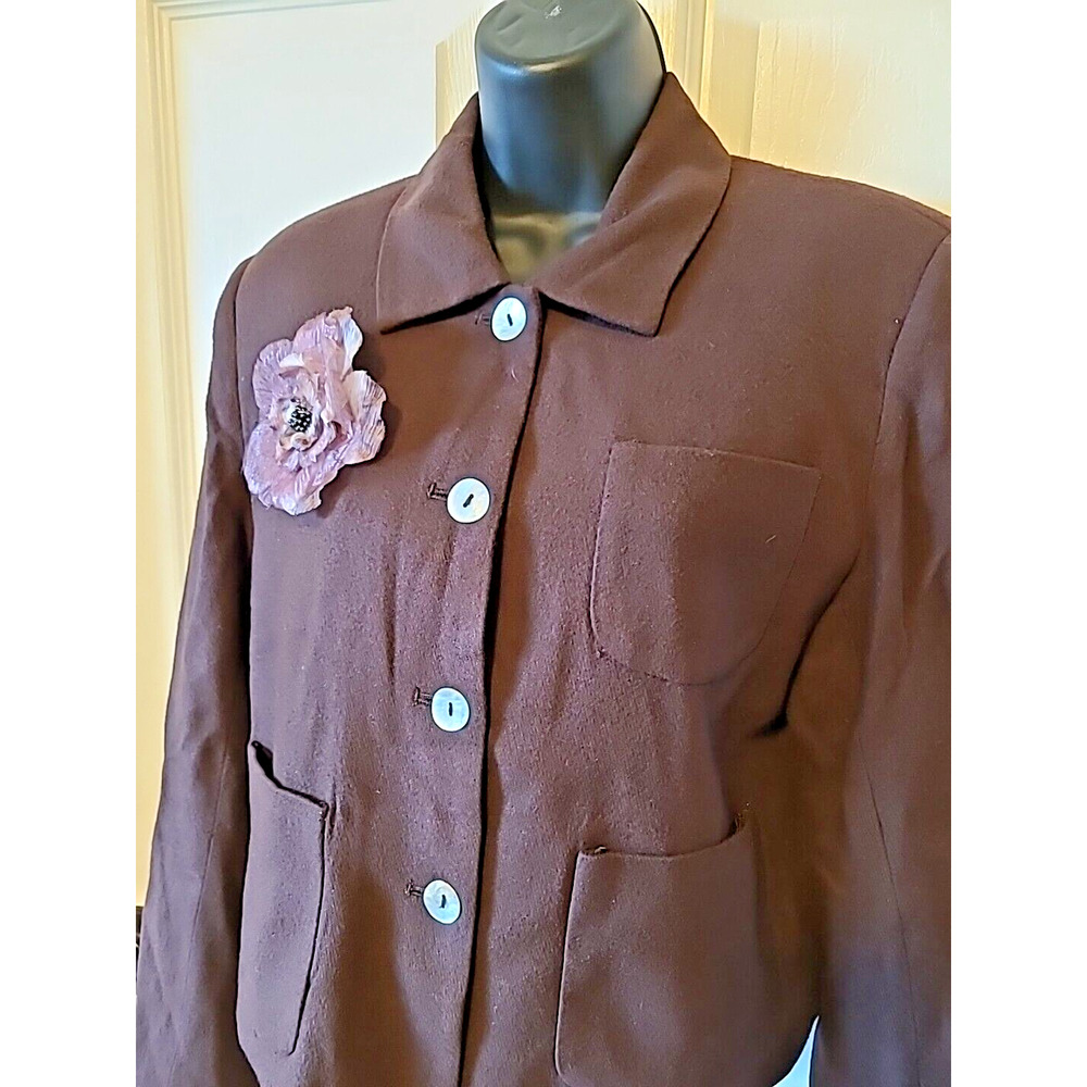 Wintersilks Blazer P14 Brown Pockets Flower Applique Wool Silk Vintage Y2K - Picture 2 of 12